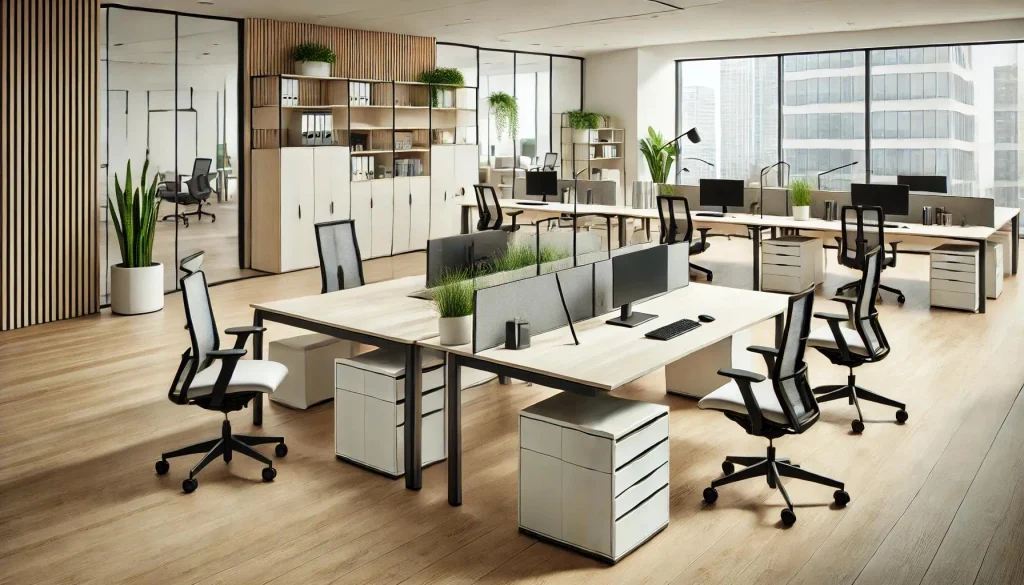 Mobiliario de oficina moderno con escritorios y sillas ergonómicas